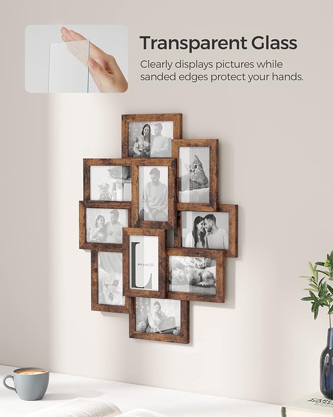 SONGMICS 4x6 Collage Picture Frames, 10-Pack Photo Collage Frame for Wall Decor, Glass Front, Assembly Required, Rustic Brown URPF020X02