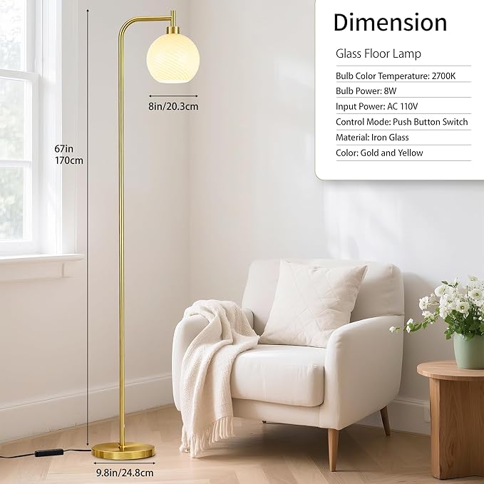 MAYNA Mid Century Modern Floor Lamp, Amber Ribbed Glass Standing Lamp with Built-in Timer Switch, Gold Tall Vintage Lamps for Living Room Bedroom, 2700K LED Bulb Included