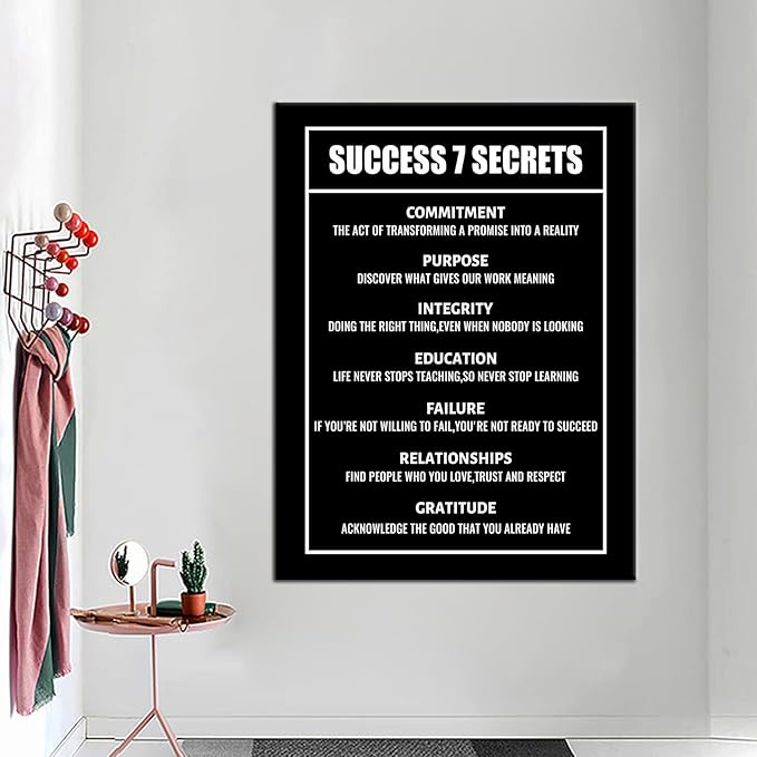 Inspirational Success 7 Secrets Canvas Wall Art Positive Entrepreneur Quotes Poster Print Discipline Picture Artwork for Living Room Classroom Office Wall Decor Stretched and Framed [30''Wx 40''H]