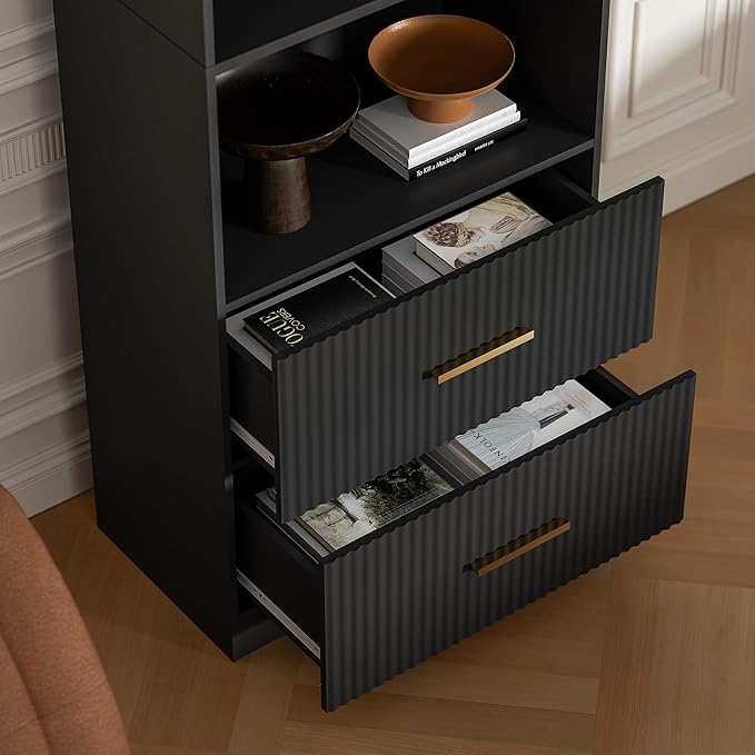 Black Bookshelf with Drawers, 63" Tall Bookshelf with Storage, 3 Shelf Modern Bookcase with Adjustable Shelf, Open Shelves Bookcase, Unique Book Shelf forHome Office, Living Room, Black