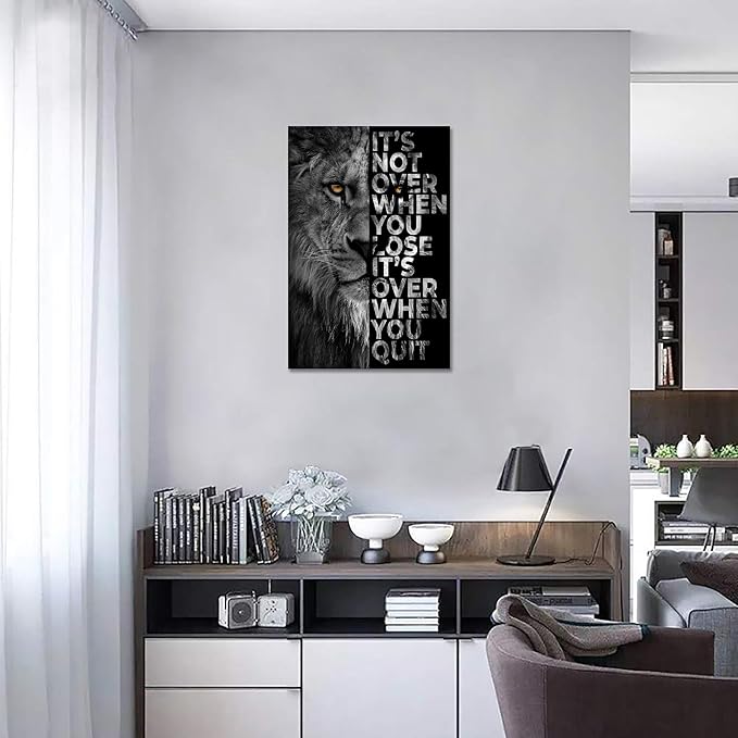 Lion Head Prints Canvas Inspirational Wall Art Black and White Animals Poster Motivational Quote Picture for Office Decor Framed Ready to Hang 20x30inches