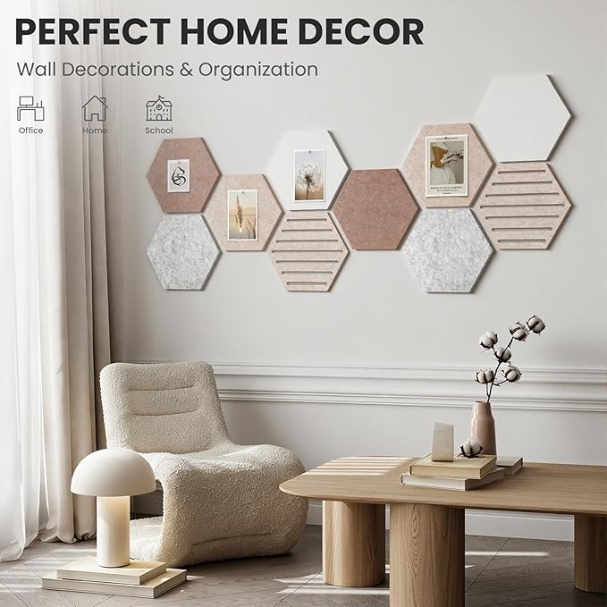Hexagon Cork Bulletin Board Tiles, 10 Pack Felt Board with 25 Push Pins, Photo Display Board for Office & Home Classroom Wall Decor, 11.8x10.2 Inches