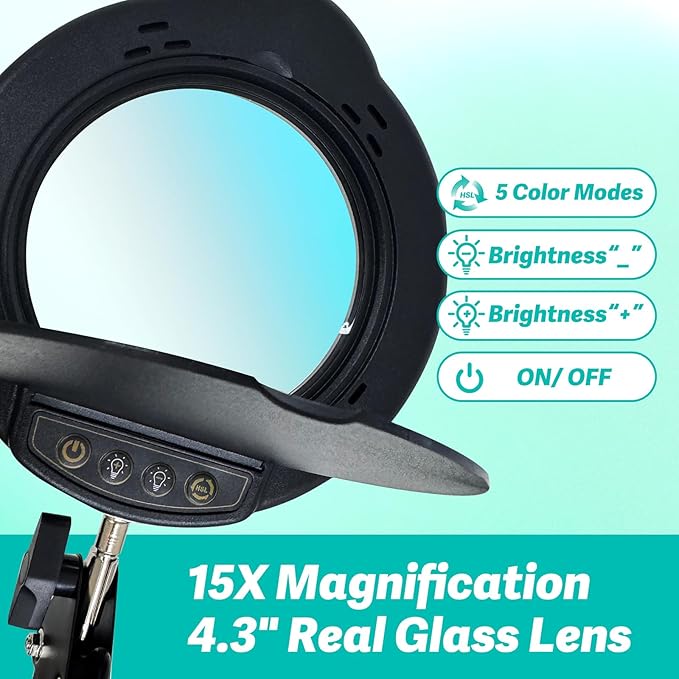 15X LED Magnifying Light, 5 Color Modes Dimmable LED Desk Lamp with Clamp, Long Arm Hands Free Desk Magnifier Light with Dust Cover for Crafts Hobby Painting Sewing Close Work