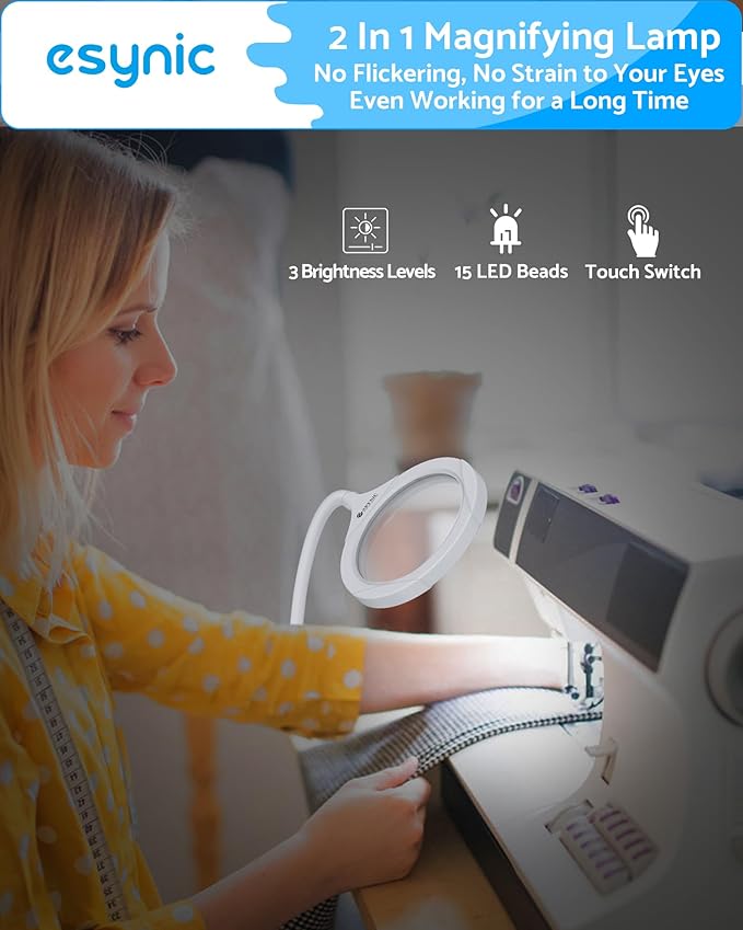 eSynic Lighted Magnifying Glass with Stand-USB-C Rechargeable-5X&10X Magnification-4.3" Large Lens-Desk Magnifier Lamp With Clamp & Heavy Base-3 Levels Brightness-Flexible Gooseneck for Reading Crafts