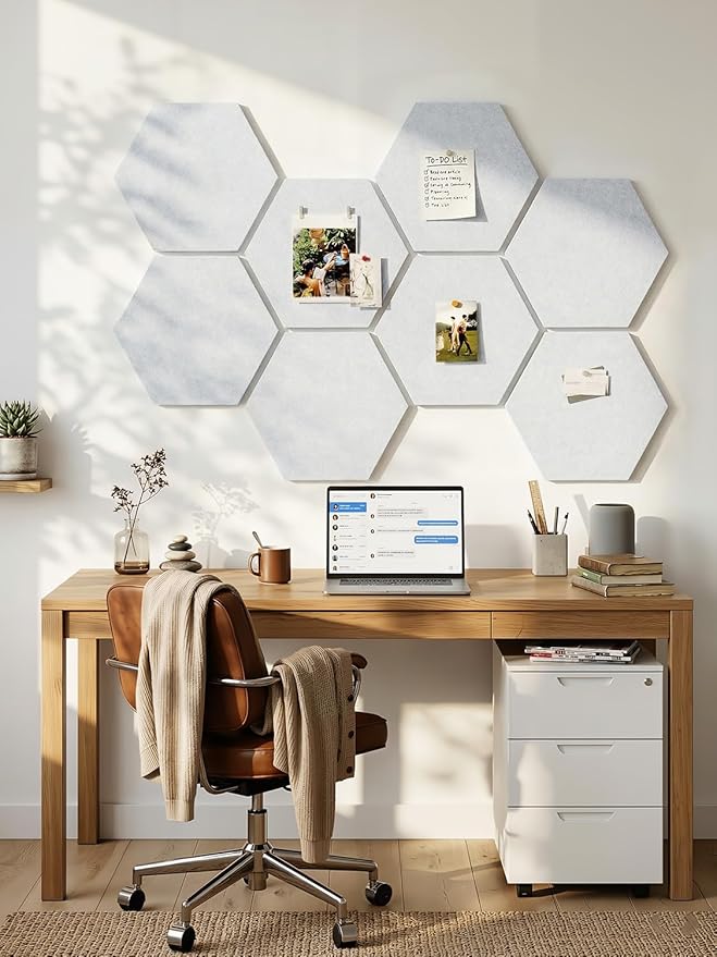 8 Pack Hexagon Felt Bulletin Board Tiles - 11.8" Large Thick Pin Board for Walls with 30 Push Pins, DIY Boards for Office Home School Decor, Aesthetic Hex Cork Board Alternative