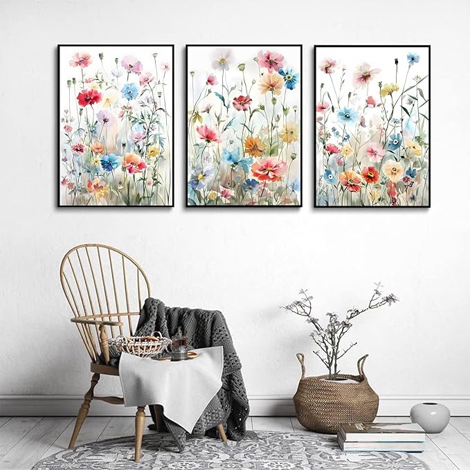 KISSFOX Framed Colorful Wildflower Canvas Wall Art Set Of 3 Flowers Pictures Prints Flowers Printing Floral Watercolors Flower wall Decor Living Room Girls Bedroom Bathroom