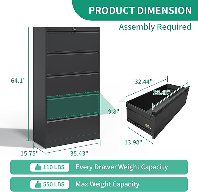 5 Drawer Lateral File Cabinets with Lock,Metal Lateral Filing Cabinet for Home Office,Wide Steel Storage Cabinet Commercial Drawer for Legal/Letter/A4 Size Files Assembly Required