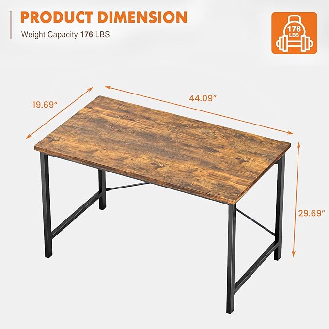 Sweetcrispy Small Computer Desk,44 Inch Office Writing Work Desk with Metal Frame Wooden Tabletop, Student Study Home Bedroom Table with X-Shaped Reinforcement, Brown