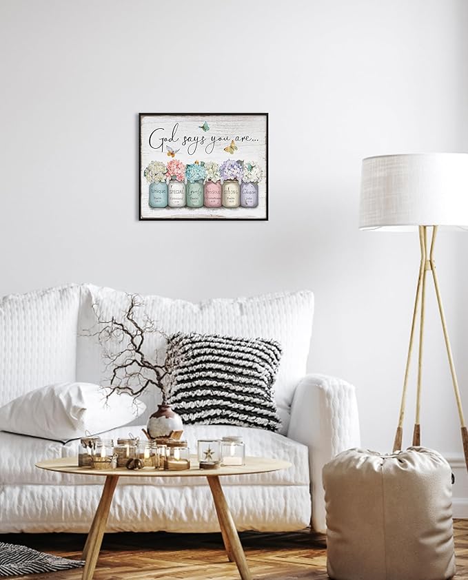 God Says You Are Wall Art: Christian Inspirational Bible Verse Wall Art Religious Scripture Encouragement Gifts for Women,Hydrangea in Mason Jar Prints Butterfly Posters Bedroom Decor 12" x 15"