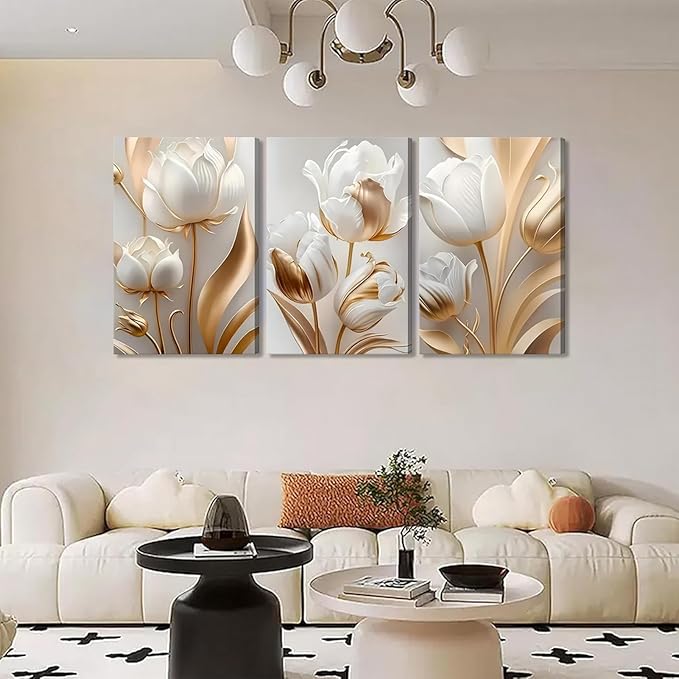 3Pcs Vintage Minimalist Floral Canvas Wall Art White Gold Abstract flowers Wall Decor Pictures Modern Luxury Prints tulip Plants Painting Artwork for Office Home Decoration 12x16in