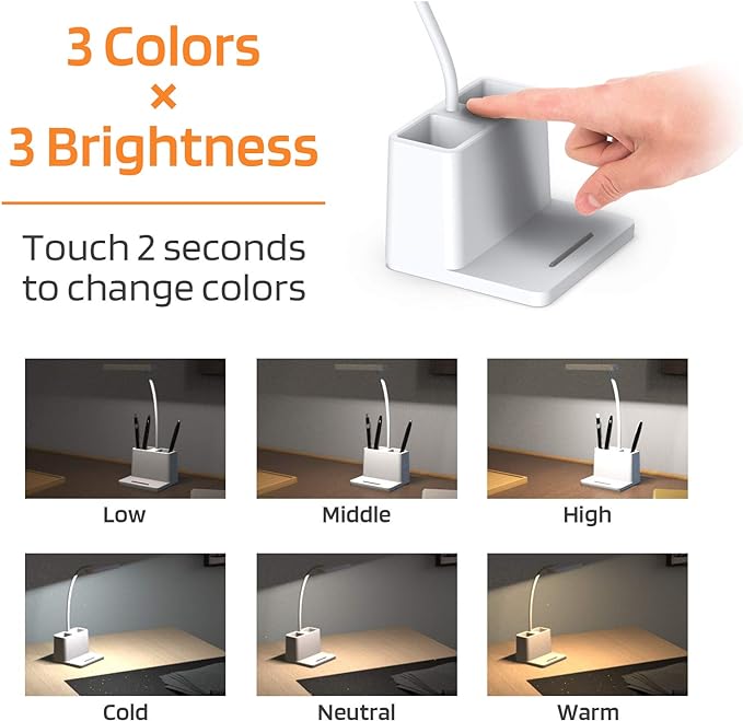 AXX Rechargeable Small Desk Lamp for Home Office Bedroom, Study Table Light for Kids Teens, White, LED, Pen Holder, Mini, Gooseneck, College Dorm Room Lighting for Computer Keyboard Desktop Task