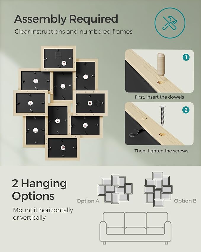 SONGMICS 4x6 Collage Picture Frames, 10-Pack Photo Collage Frame for Wall Decor, Glass Front, Assembly Required, Natural Beige URPF020N01