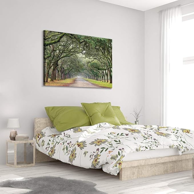 Hardy Gallery Green Forest Landscape Wall Art: Nature Canvas Oak Tree Lined Road of Savannah Artwork Picture Large Painting for Home Wall Decor (45'' x 30'' x 1 Panel)