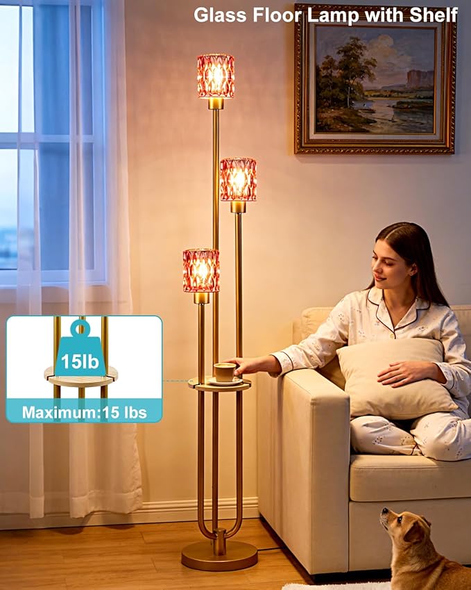 Lightdot 3-Lights Glass Floor Lamp for Living Room Modern Gold Floor Lamp with Rose Red Glass Shade for Wedding/Party Farmhouse Tall Standing Lamp for Bedroom/Sofa Beside/Corner Decor