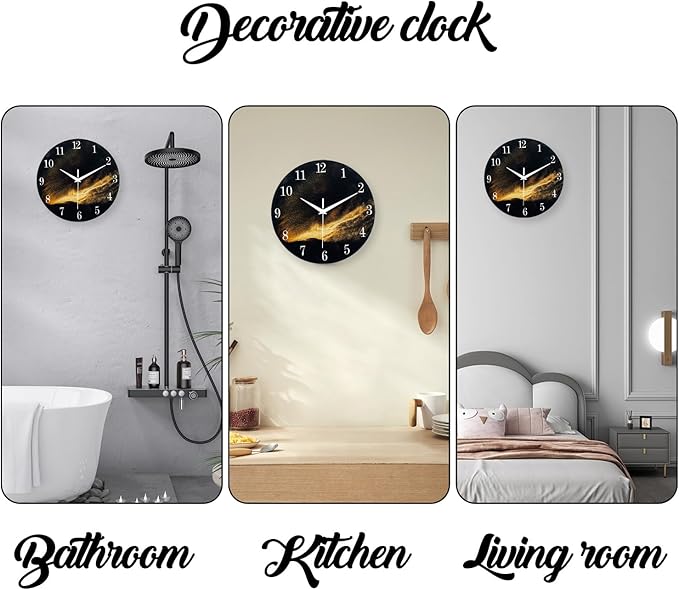Black and Gold Modern Wall Clocks Battery Operated 12 Inch Silent Wall Clock Non Ticking Glass Wall Clock for Living Room