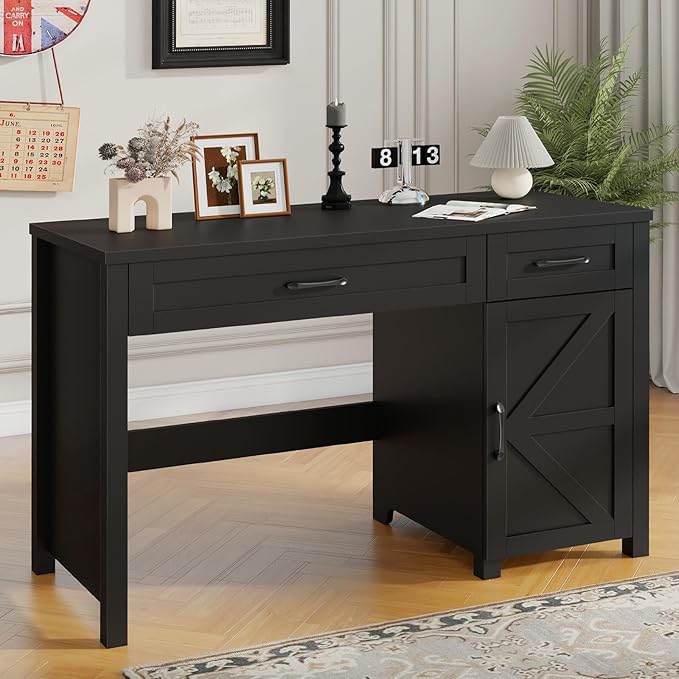 Farmhouse 47" Executive Desk, Computer Desk with Drawers and Storage Cabinet, Workstation for Home Office and Study.(Pure Black)