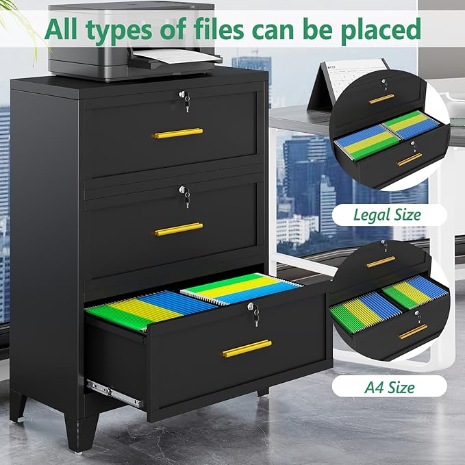 Metal Lateral File Cabinet with Lock,3 Drawer Steel Wide Filing Organization Storage Cabinets,Office Filing Cabinet for Legal/Letter/A4/F4 Size with Hanging Files&Key,Lockable Cabinets for Home Office