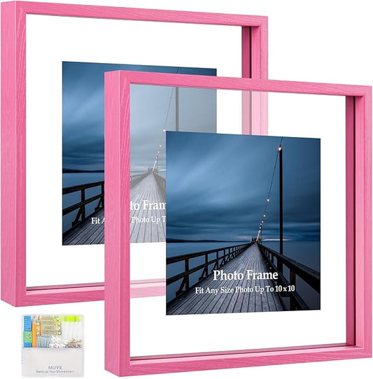 MUYE 10x10 Floating Frame Set of 2,Double Real Glass Square Photo Frame,Display Any Size Photo up to 10x10,Wall Mount or Tabletop Standing,Pink