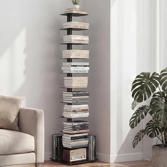 Suchtale 11-Tier Spine Bookshelf Tower,Tall Vertical Book Organizer,Metal Floor Standing Bookshelf for Small Spaces,Narrow Bookcase for Living Room,Bedroom & Office,Adjustable Shelf Directions,Black