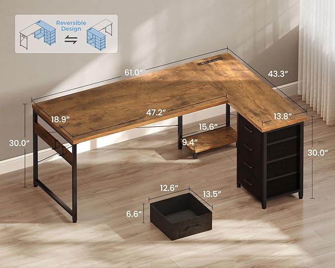 ODK 61'' L Shaped Desk with 4 Drawers, Reversible Corner Desk with Storage, Gaming Table with Power Outlets, USB Ports, Computer Desk for Home Office, Study, Easy Assembly, Vintage Brown
