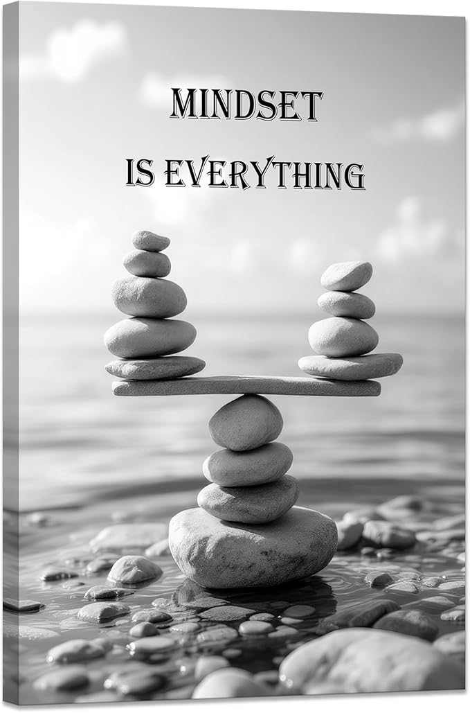 YIOZHAOFH Mindset Wall Art for Zen Office Inspirational Pictures Wall Decor Motivational Quotes Canvas Art Black and White Landscape Nature Print Poster Painting Framed for Meditation Spa Room Bedroom (16L x 24W)