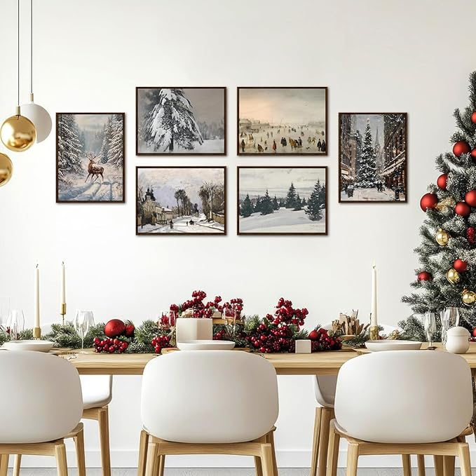 Hwetui Vintage Christmas Canvas Wall Art Poster Set of 6, Winter Tree Reindeer Pictures Wall Decor, Forest Snowy Landscape Paintings Prints Artwork for Home Living Room Bedroom 12×16 inch Unframed