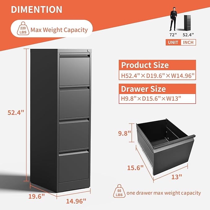 4 Drawer File Cabinet with Wheels,Metal Mobile Filing Cabinets with Lock,Black Rolling File Cabinet for Home Office,Heavy Duty Storage Cabinet for A4/Letter/Legal Size File,Assembly Required