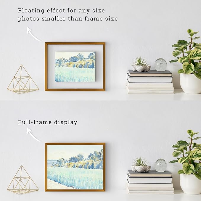 Frametory, Floating Picture Frames Set - Bronze Metal Photo Frames - Real Glass - Display One 11x14, Two 8x10, and Four 5x7 Inch Photos for Home Decoration
