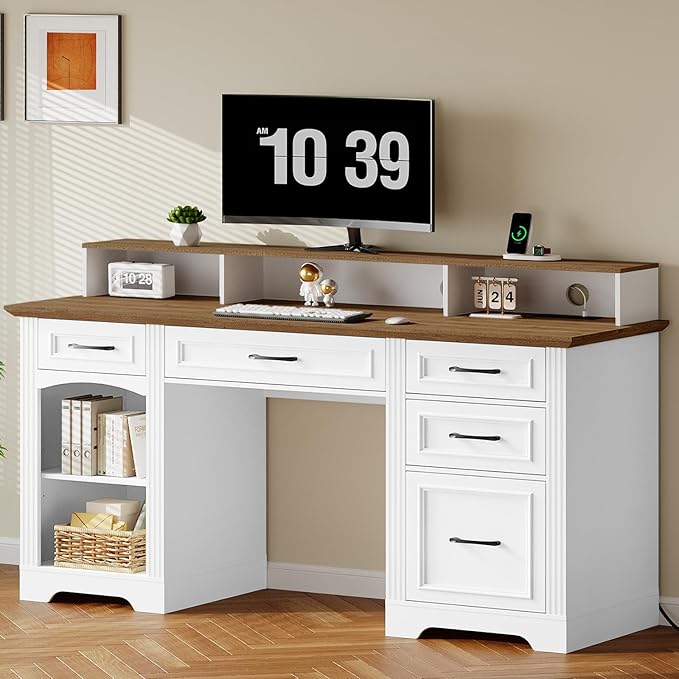 58" Executive Desk, Farmhouse Computer Desk with Drawers, Wooden Office Desk with File Cabinet, Charging Station, Monitor Stand, for Work and Study, White and Walnut CDBZ10E01