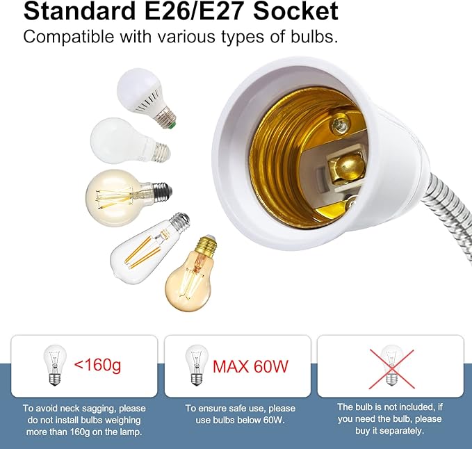 Flexible Aluminum Neck Clip Lamp Holder, 360Adjustable Socket, E26/E27 Clamp Light Fixture with 220 CM Switch and Plug Cable, Desk Lamp Holder for Study Work Read, No Bulb