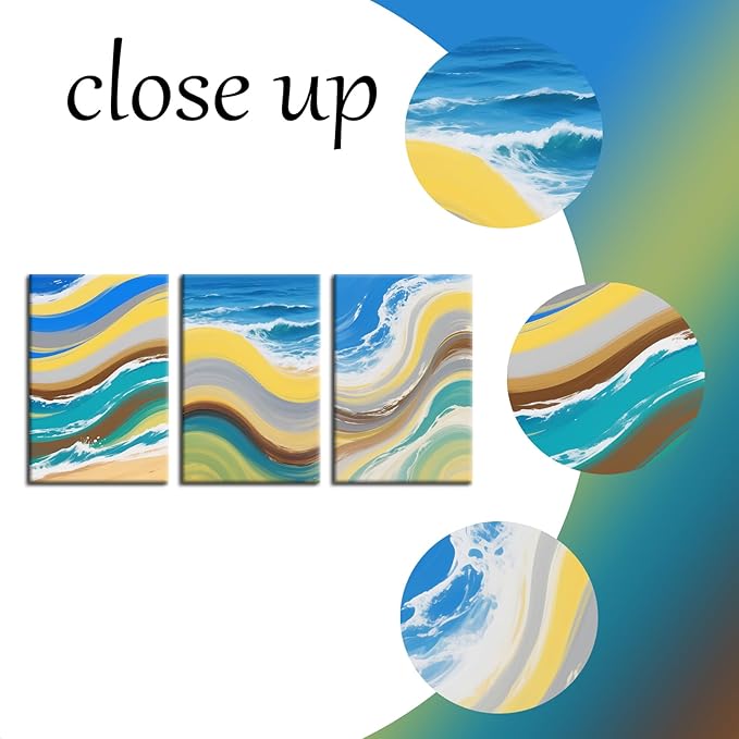 Ocean Graffiti Canvas Wall Art Abstract Waves Poster Print Colorful Sandy Beaches Picture Painting for Office Home Office Parlour Living Room Decoration Stretched and Framed [48''Wx24''H]