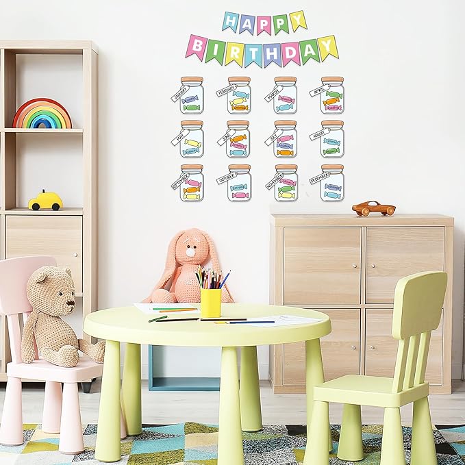 JarThenaAMCS 85Pcs Happy Birthday Bulletin Board Set Colorful Candy Calendar Poster Classroom Birthday Chart for Back to School Decorations