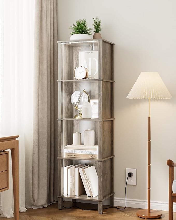 Book Shelf with LED Lights, Modern 4-Tier Bookcase, Open Storage Bookshelf, 11 × 14.2 × 50.4 Inches, Small Narrow Bookshelves for Living Room, Home Office, Bedroom, Gray