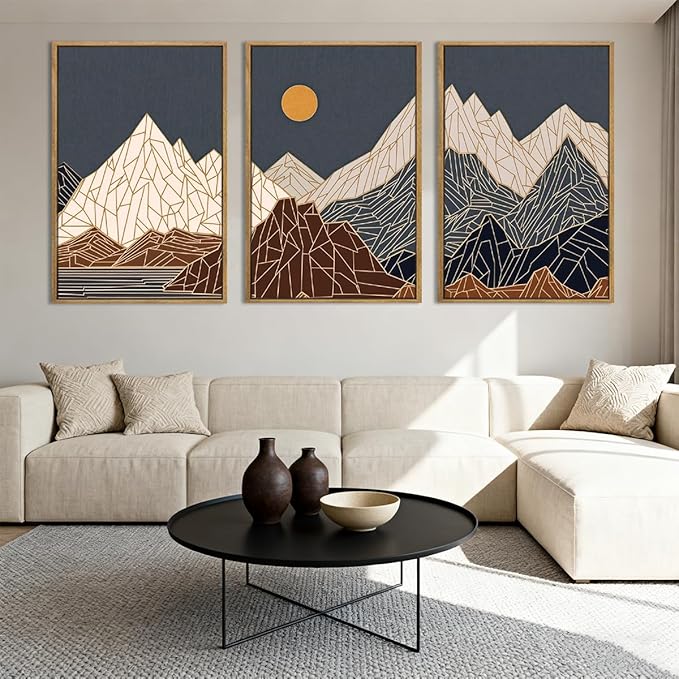 ANHUIB Farmhouse Mountain Wall Art Geometric Mountain Range Wood Wall Decor for Living Room Bedroom Office 16x24 Inch Set of 3