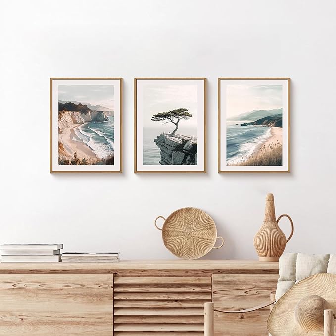 Amalfi Coastal Beach Framed Canvas Wall Art Set, Summer Ocean Wall Decor, Southwestern Beach Wall Painting, Ocean Seascape Art Prints for Living Room, Bedroom, Dining Room - 12"x16"x3