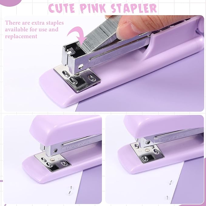 Office Supplies Set Desk Accessory Kit Include Stapler, Staples, Staple Remover, Tape Dispenser, 22 Binder Clips, 30 Paper Clips, 20 Push Pins, 2 Rolls Tape, for Women Christmas Gift (Purple)