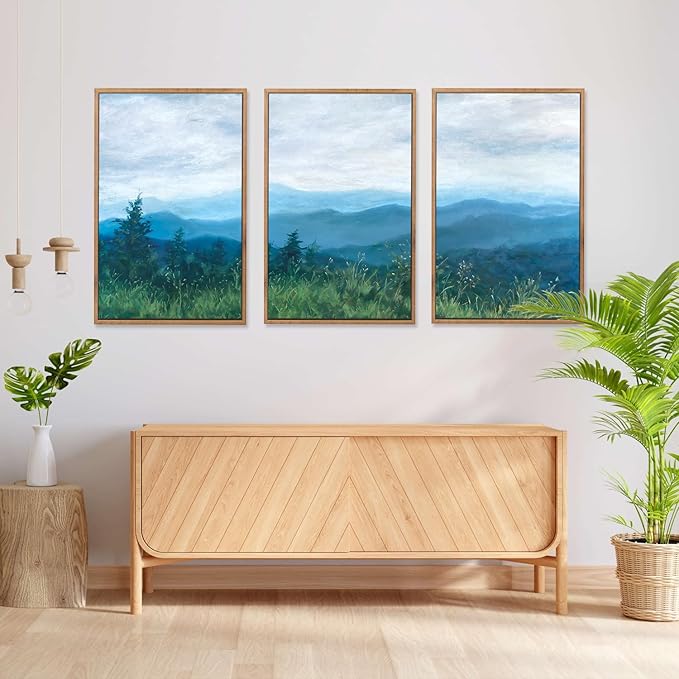 CHDITB Boho Blue Mountain Framed Wall Art Paintings(16"x24"), 3 Panels Blue White Sky Ridge Virginia Landscape Watercolor Canvas Artwork Printings, Large Modern Cloud Trees Nature Posters for Bedroom Living Room