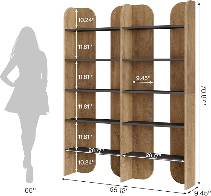 Tribesigns 5-Tier Farmhouse Bookshelf, 70.87-Inch Tall Double Wide Bookcase with Open Shelves, Vintage Floor Standing Book Shelf for Bedroom, Home Office (2, Brown+Black)