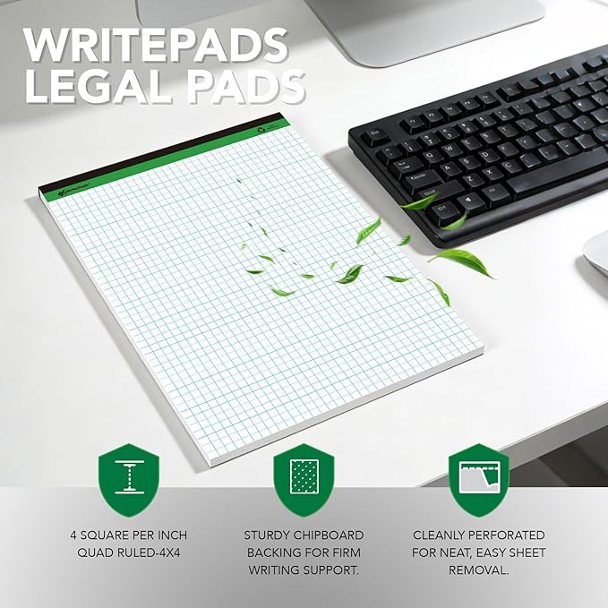 KAISA Graph Paper Legal Pads Writing Pads 6 pad 300 Sheets Recycled Paper 8.5"x11.75" Quad Ruled 4x4 Perforated 50sheets/pad Grid Paper Notepads Writing Tablet White For Office Supplies (White 6pad, 8.5x11.75'')
