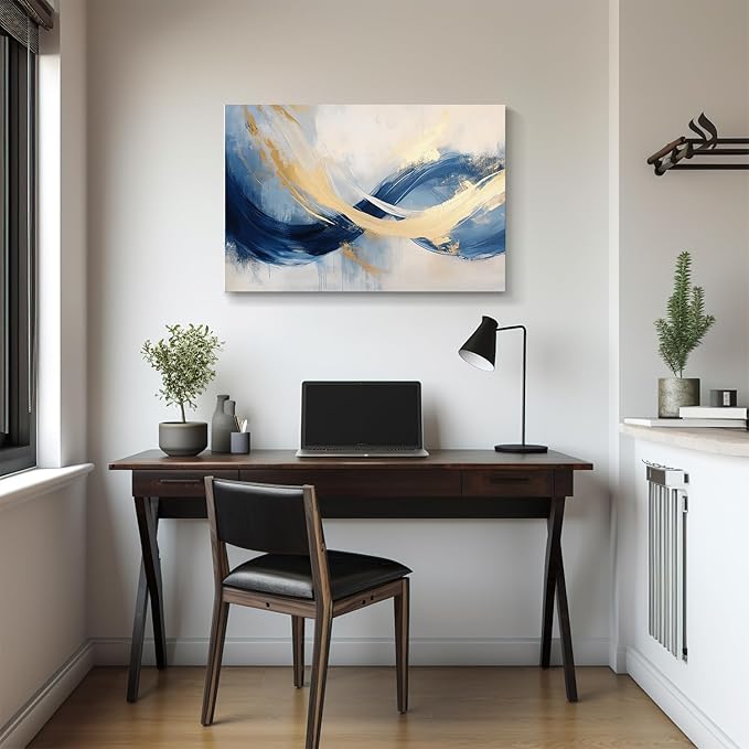 gaosoul Blue Gold Abstract Canvas Art Modern Oil Painting Giclee Print Bold Navy Azure Swirls with Metallic Gold Highlights for Living Room Home Office Decor Framed 48x32in