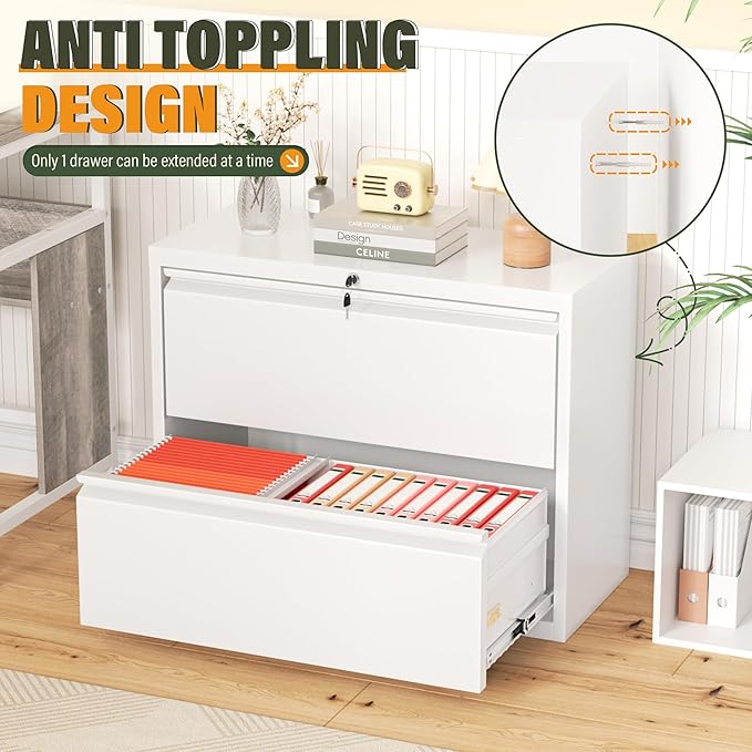 Greenvelly 2 Drawer File Cabinet, White Lateral File Cabinet with Lock, Metal Filing Cabinet for Home Office, Lockable Metal File Cabinet for Legal/Letter/A4/F4 Size with Hanging Bars&Key