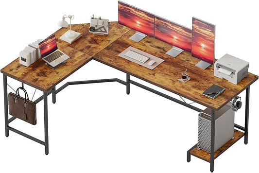 Mericonia 59 inch Large L Shaped Desk, Simple Corner Gaming Desk with CPU Stand & Hooks, Computer Desk for Home, Bedroom & Office Workspace, Dark Brown