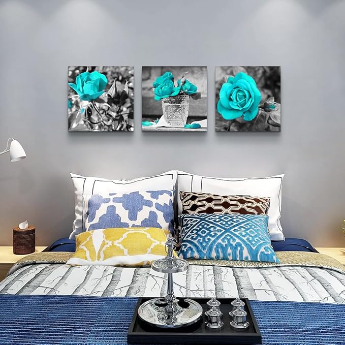 DZRWUBHS Large Canvas Wall Art For Bedroom 3 Piece Wall Decor For Living Room Black And White Paintings Flowers Pictures Blue Rose Canvas Prints Ready To Hang Room For Girls Home Decoration 16x16in
