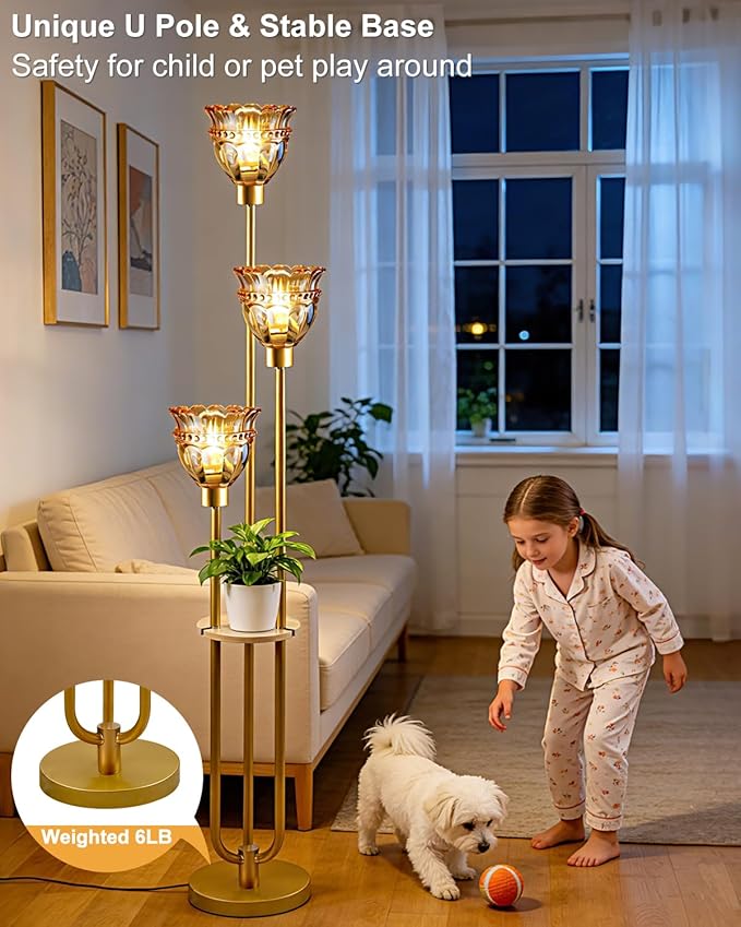 Lightdot 3-Lights Glass Floor Lamp for Living Room Mid Century Modern Gold Floor Lamp with Amber Glass Shade & 3000K Bulbs Included Tall Standing Lamp for Bedroom/Sofa Beside/Corner Decor