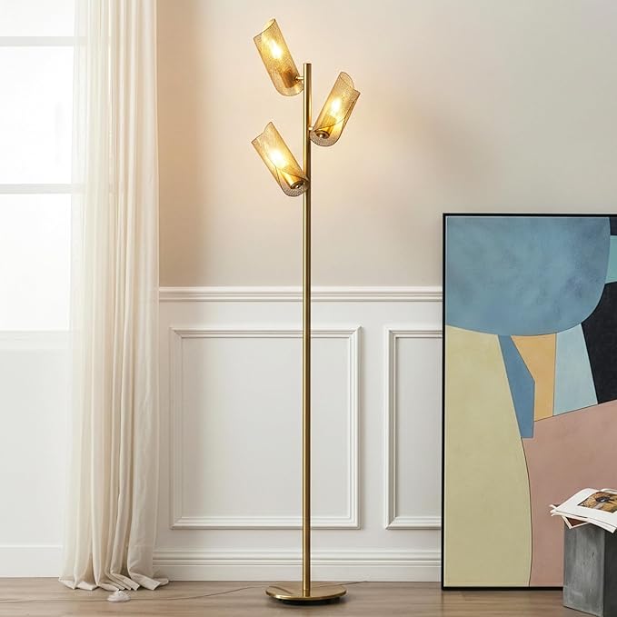 Brightech Lyra LED Tree Floor Lamp for Mid-Century Modern, Contemporary, Industrial Décor, 3 Light Head Standing Lamp with Metal Cage Shade, Standing Pole Tall Lamp for Living Room, Bedroom - Brass