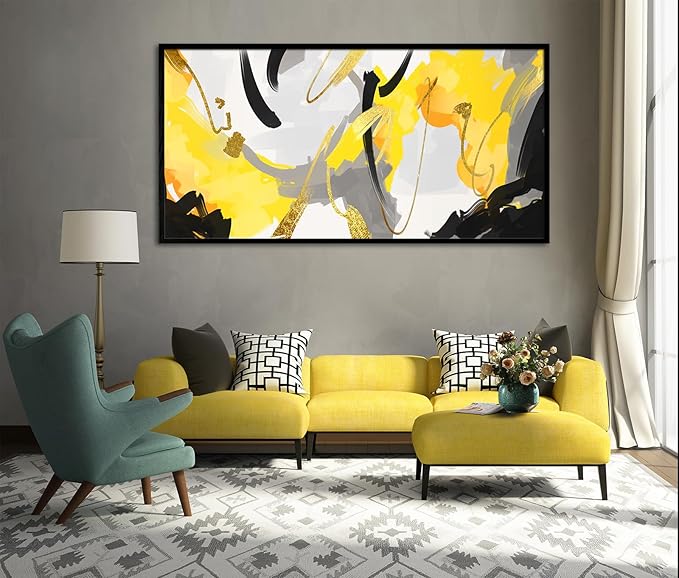 Yellow and Black Canvas Wall Art for Living Room, Colorful Fluid Lines Wall Decor Canvas Paintings, Black Framed Artwork Modern Paintings Pictures Wall Decor 24" x 48"(Framed)