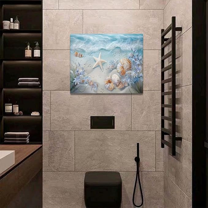 yerretin Beach Seashell Bathroom Wall Art Coastal Starfish Pictures Wall Decor Modern Home Canvas Painting Decorations Artwork for Living Room Bedroom Office Framed, 20"x16"