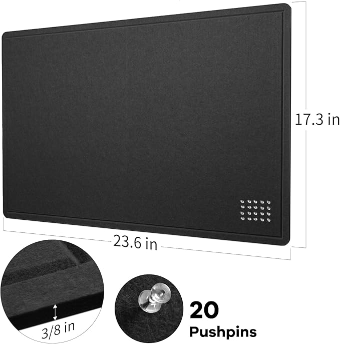 Bulletin Board, 24 x 18 inches Decorative Felt Pin Board, Vision Board Cork Board Alternative for Wall, Foldable Photo Board Self-Adhesive Vision Board Mood Board with 20 Pushpins - Black