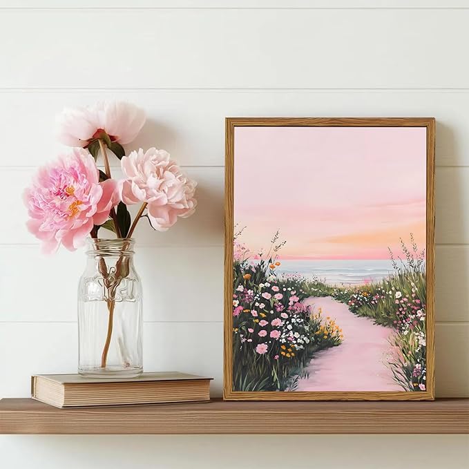 Framed Vintage Landscape Wall Art, Pink Floral Coastal Pictures Wall Decor, Rustic Wildflower Nature Paintings Canvas Prints Home Decor Aesthetic for Living Room Bedroom Bathroom 12x16 inch