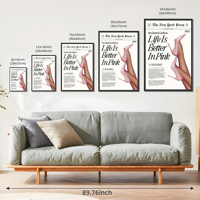 Trendy Baby Pink Hot Girl Poster Life Is Better In Pink Newspaper Wall Art Retro High Heel Picture 70s News Headline Canvas Prints Aesthetic Decor for Girly Bedroom Dorm 8x12inch Black Framed